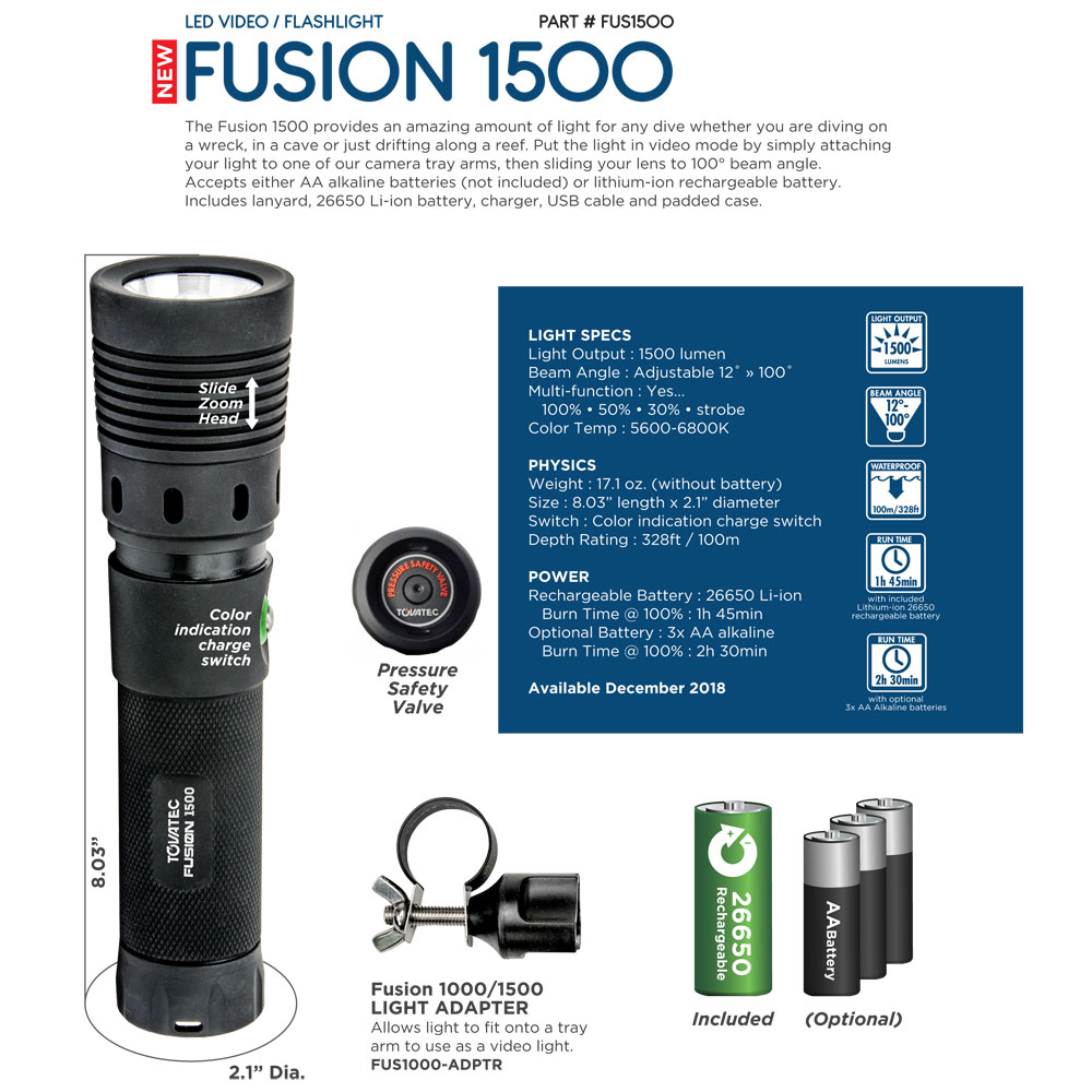 Tovatec Fusion 1500 LED Video / Dive Light - 1500LM - Click Image to Close